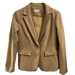 LOFT One‎ Button Womens Tan Blazer Soft Stretch Knit Elbow Patch Sz.4 EUC
